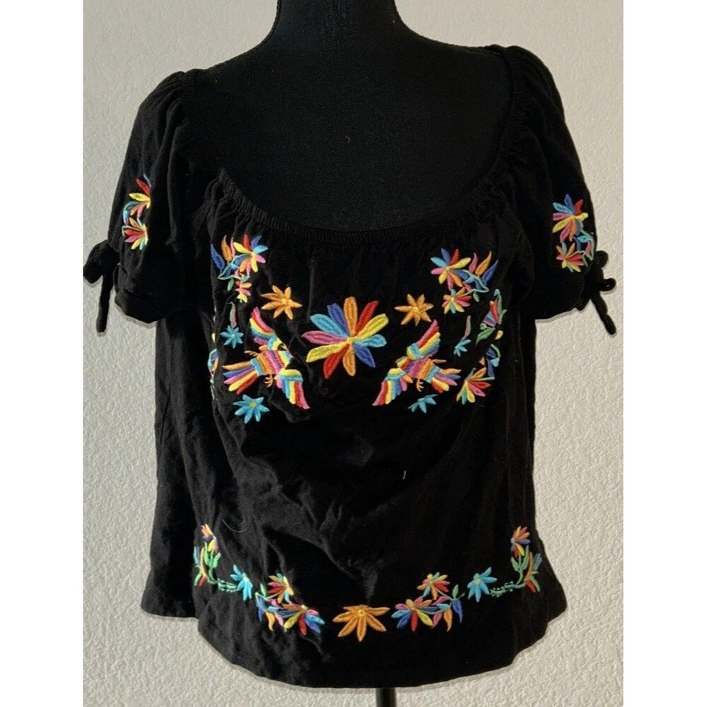Bare Your Soul Large L Black Festival Embroidered Peasant Blouse Boho Retro